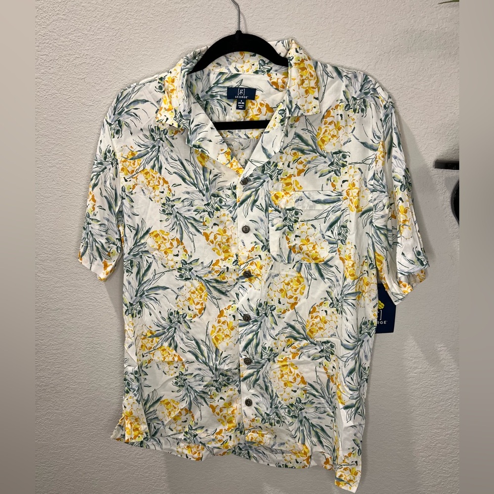 George Livaeco NWT White Yellow Green Pineapple Button Up Hawaiin Shirt‎ Sz S